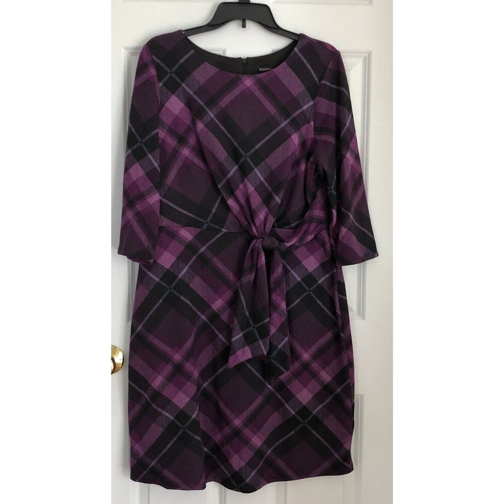 MADISON LEIGH WOMEN'S DRESS SIZE 12 PURPLE/BLACK 3/4 SLEEVE PLAID BOW CAREER